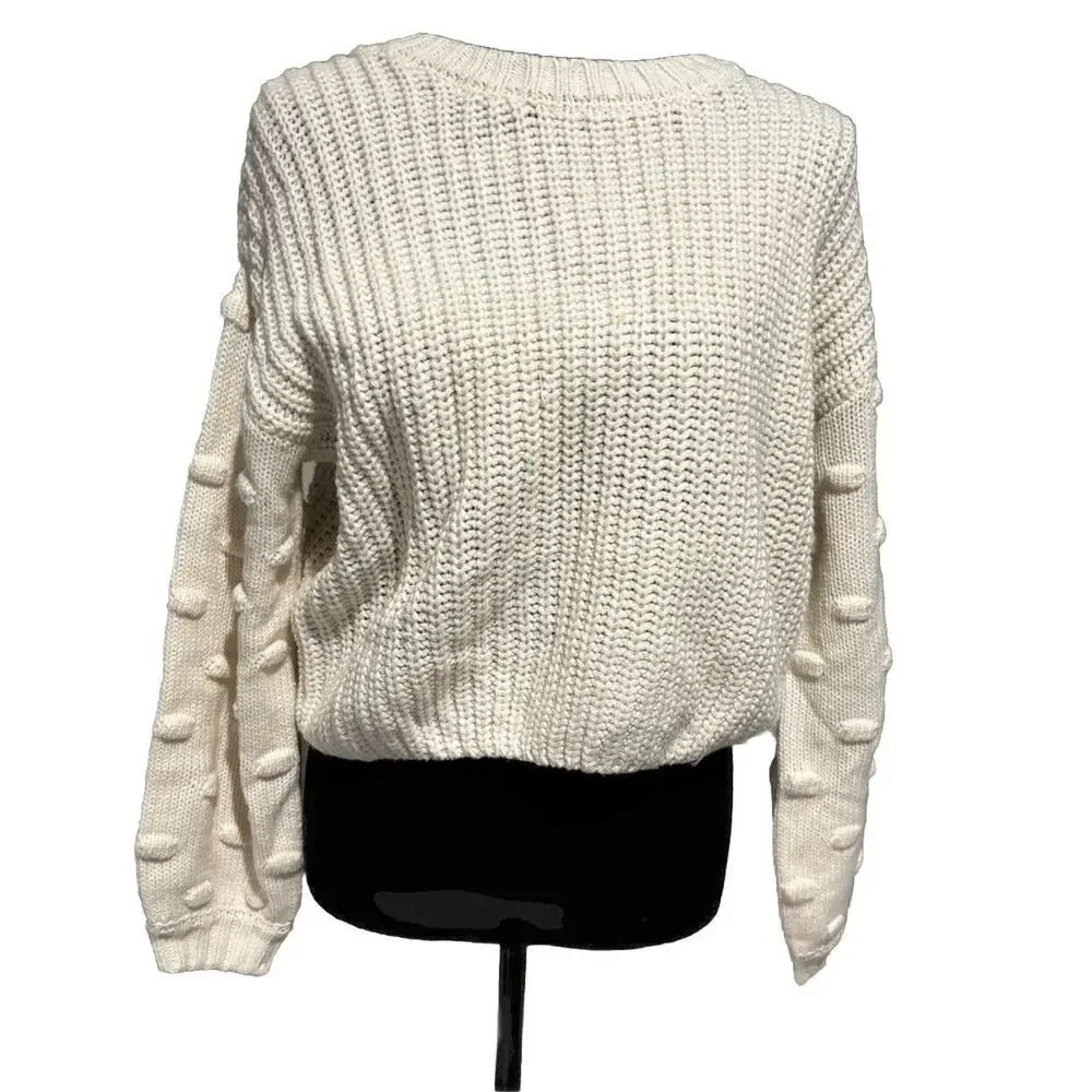 Jessica Simpson Womens Sz M Cream Popcorn Sleeve Knit Sweater Capsule Cozy Chic